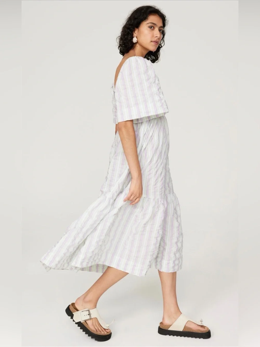 GANNI Pastel Striped Seersucker Midi Dress